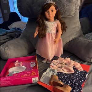 New 18” My Generation Doll brown wavy hair, with Pink Gown, 2 extra outfits